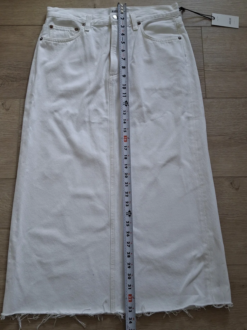 NWT AGOLDE Della White Denim Midi Skirt Raw Hem Frayed Size 27